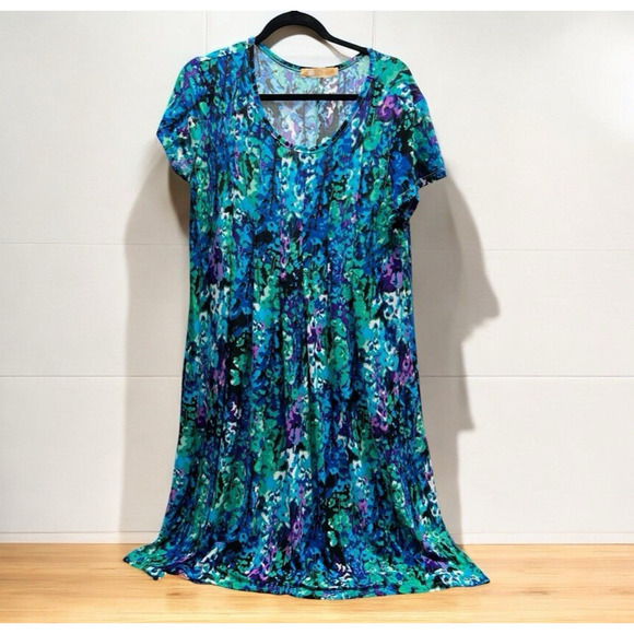 La Cera Dresses & Skirts - La Cera Midi Dress Size L Pleated Waist Blue Purple Floral Print Round Neckline